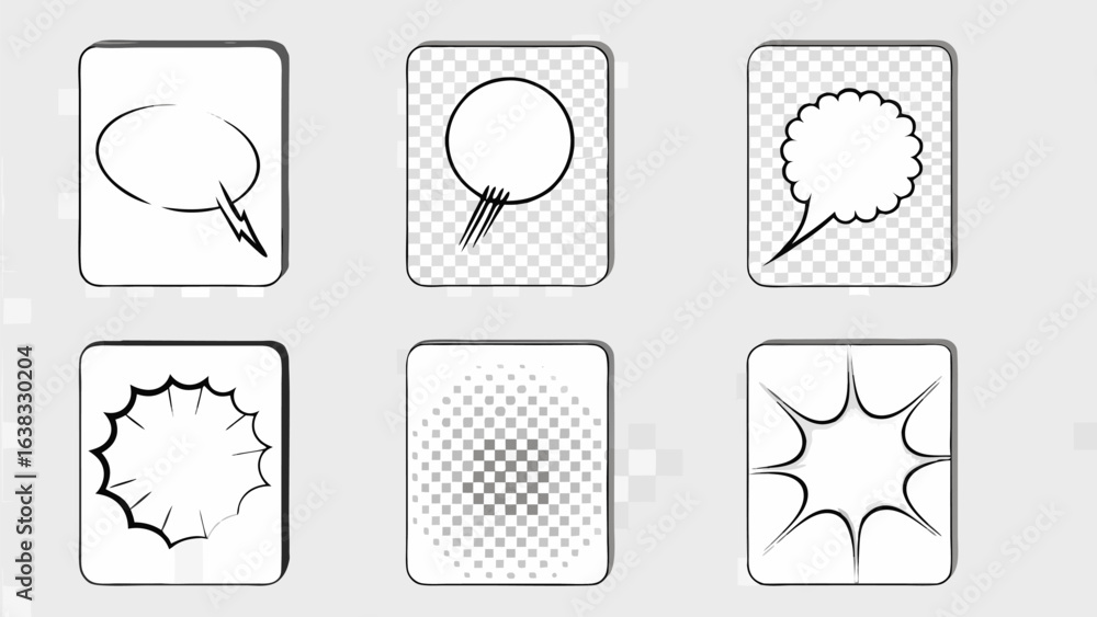 Poster vector collection of comic speech bubbles with various shapes and designs on transparent backgrounds