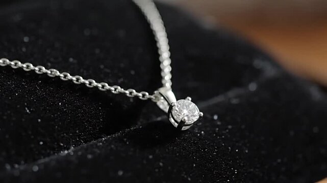 A diamond solitaire pendant necklace lies on dark velvet showcasing a shiny round gem  delicate chain