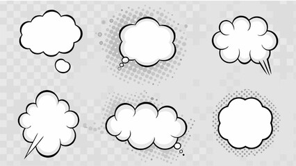 Vector illustration showing six different comic style speech bubbles with various designs and halftone backgrounds