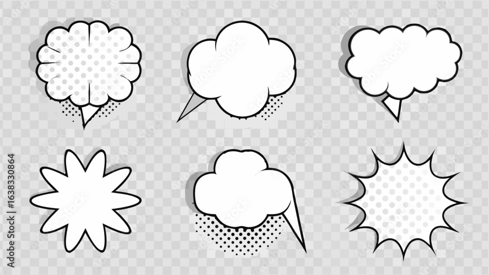 Poster vector illustration of six cartoon speech bubbles with various shapes and halftone shading on a tran