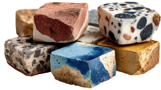 Colorful stone cubes: a collection of unique stone cubes, showcasing vibrant colors and diverse textures, arranged for artistic effect, highlighting the beauty of natural elements and geometric forms.