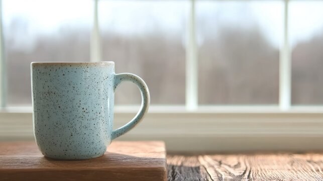 Speckled teal pottery mug on wooden base near window for artisanal displays