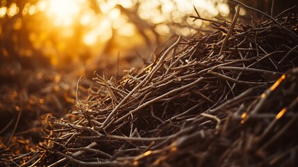 Pile of Dry Twigs and Branches in Warm Sunset Light
