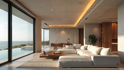 Luxury concrete beach villa interior features open plan living room with plush white sofa, minimalist wooden coffee table. Large glass windows offer sea views, access to infinity pool area. Dining