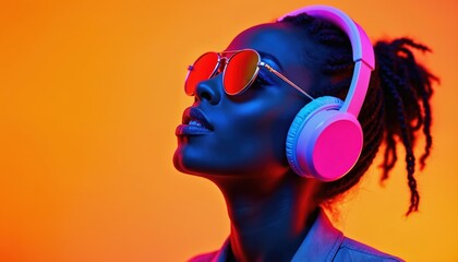 Vibrant portrait of woman enjoying music with neon headphones and sunglasses. Features Afro hairstyle, braids, and stylish cool vibe. Modern youth entertainment, audio technology, and fashion.