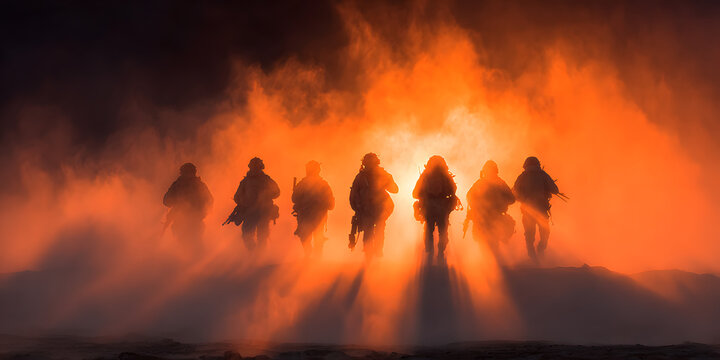 Silhouette of six armed soldiers walking in the desert at sunset, with rays of light in the background.

