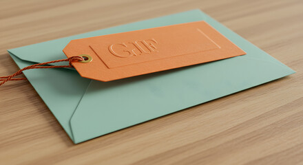 An envelope of serene teal coupled with an elegant apricot tag, creating a harmonious blend of minimalist sophistication and subtle tactile charm reflecting bespoke elegance and handcrafted quality