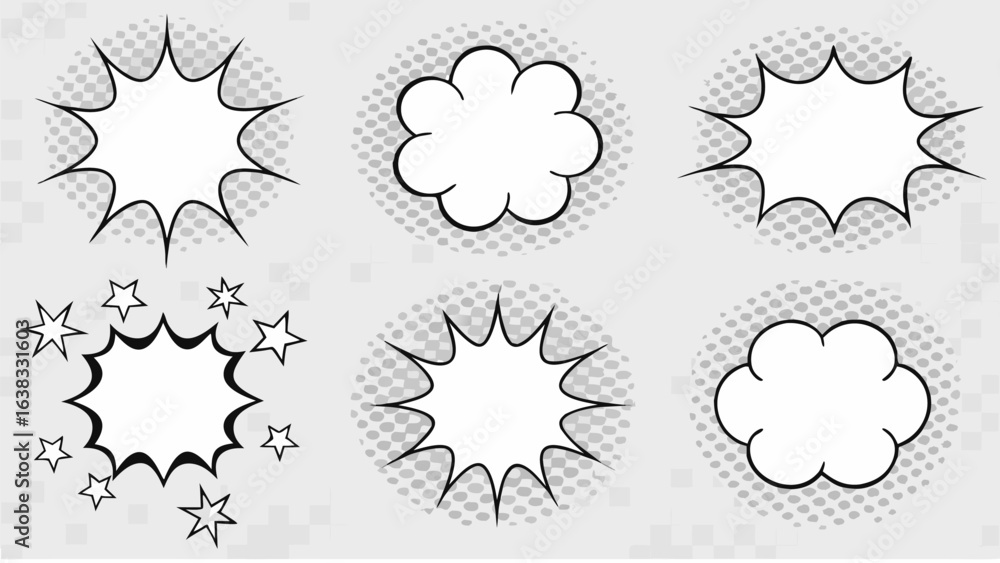 Poster vector illustration of six comic style speech bubbles with different shapes and halftone background 