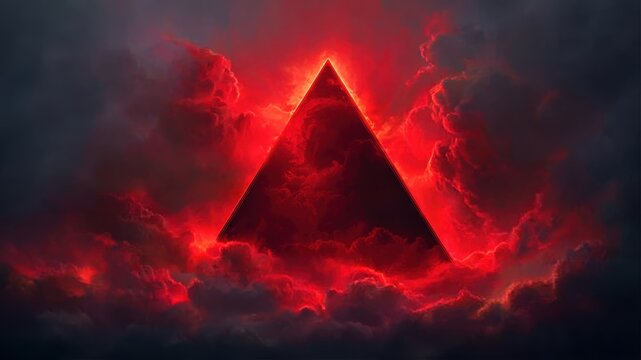 Glowing red pyramid amidst dramatic night storm for mystery themes