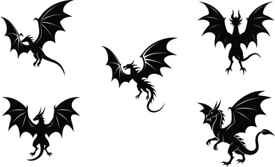 dragon flying vector illustration black silhouette white background