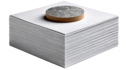 Stacked papers with coin: A clean, minimalist shot of a stack of pristine white papers, topped with a coin, conveying themes of finance and economic