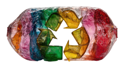 Recycling Symbol in Focus: A vibrant display of sustainability unfolds as a multicolored recycling symbol, encased in a transparent wrap.