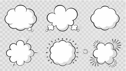 Vector illustration of six comic style speech bubbles and bursts on a transparent checkered background design