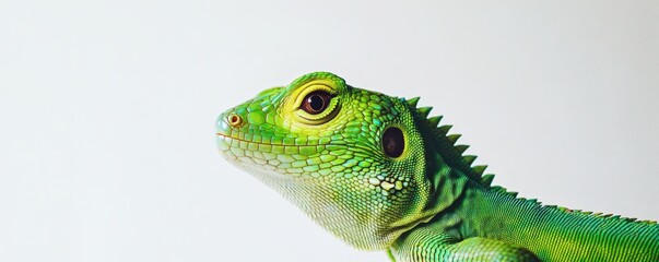 Obraz premium Close up shot of a vibrant green lizard on white background