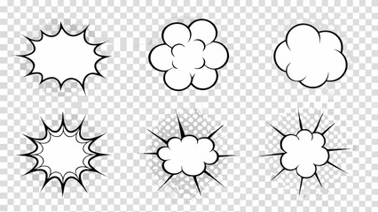 Vector illustration of six comic style speech bubbles and bursts on a transparent checkered background design