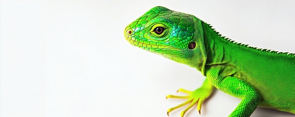 Obraz premium Vivid green iguana posing on a plain white background