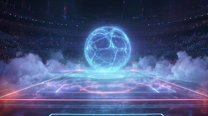 Futuristic holographic volleyball projection in sci-fi arena—glowing lines and energy effects
