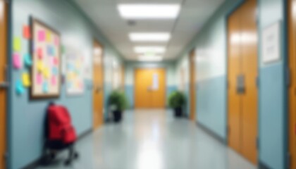 Blurred school hallway with colorful notes on bulletin board, plants, and wooden doors. Soft lighting creates serene atmosphere. Back-to-school, learning, education, campus life.