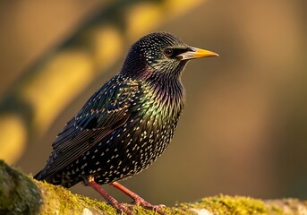 European starling perched on a branch with iridescent plumage