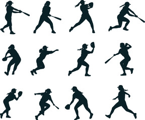 
Female softball player silhouettes in various action poses with bat and glove, dynamic sports illustrations on white background