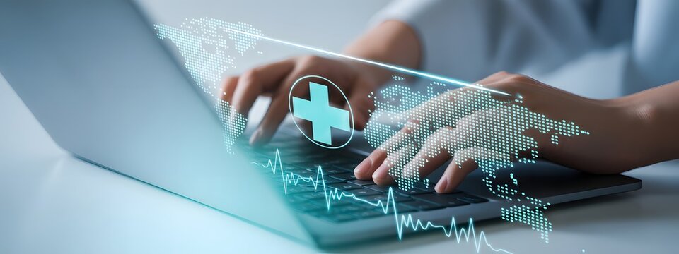 Healthcare Tech: A medical professional interacts with advanced technology, exploring innovative digital healthcare solutions, emphasizing telehealth, and data analysis for improved patient outcomes.