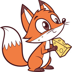 Cartoon Fox's Delightful Discovery A Whimsical Illustration of a Cute Fox Happily Holding a Chunk of Swiss Cheese