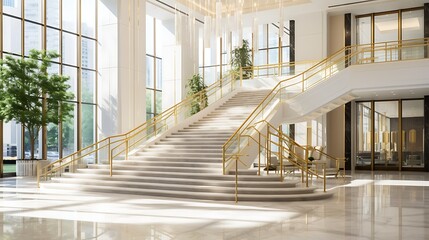 Grand staircase with polished white marble steps, brushed gold handrails, modern pendant lighting, and a backdrop of floor-to-ceiling windows overlooking the mall atrium, full frame,