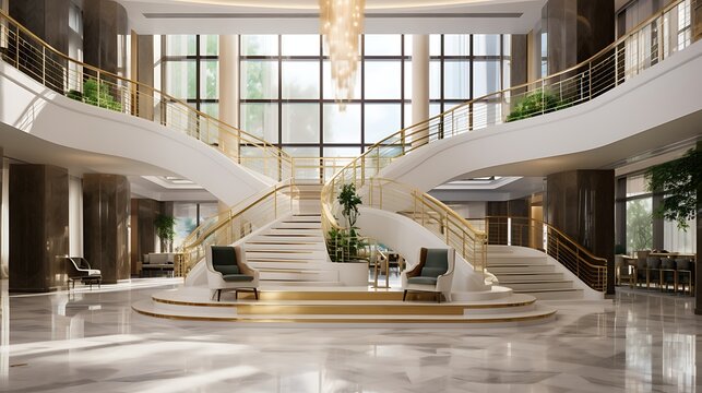 Grand staircase with polished white marble steps, brushed gold handrails, modern pendant lighting, and a backdrop of floor-to-ceiling windows overlooking the mall atrium, full frame, - Powered by Adobe