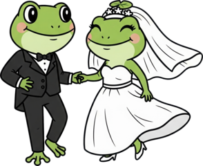 happy dancing frog bride & groom illustration on a transparent background