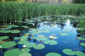 Tranquil pond with lily pads and tall reeds reflecting the sky