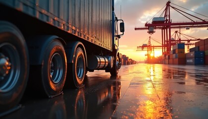 Heavy freight truck parked at commercial harbor during sunset. Wet road reflects warm light from setting sun, casting glow on metallic vehicle. Cranes and shipping containers visible in background.