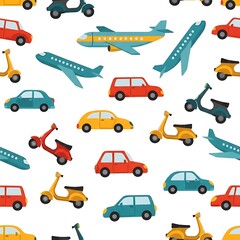 Playful Travel Collage A Seamless Pattern of Colorful Cartoon Cars Scooters and Airplanes.