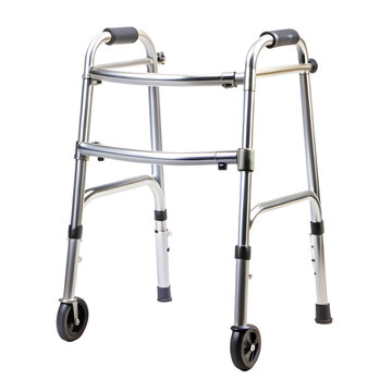 Silver walker with black grips and wheels isolated on a transparent background