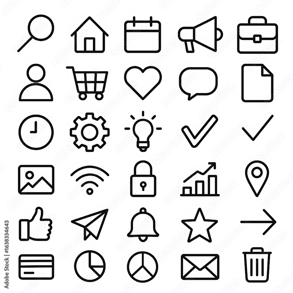 Poster a versatile set of universal line art icons for web and mobile user interfaces, isolated on a white 