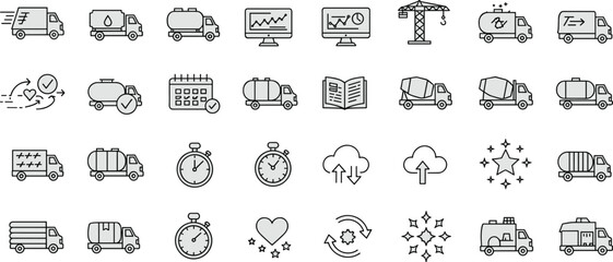 
Logistics and transportation icon set with delivery trucks, tankers, cement mixers, clocks, analytics, cloud, construction, calendar, heart, sparkles