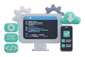 Modern Software Development Environment with Computer Gears Cloud and Smartphone Illustration showcasing digital transformation and cloud computing for web development projects