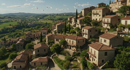 Obraz premium Charming Tuscan Village Vista with Stone Houses and Birds in Flight Scenery