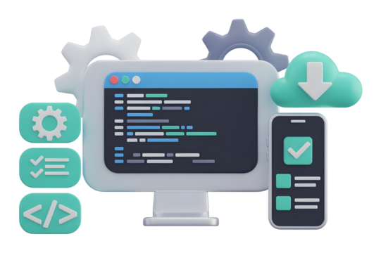 Modern Software Development Environment with Computer Gears Cloud and Smartphone Illustration showcasing digital transformation and cloud computing for web development projects