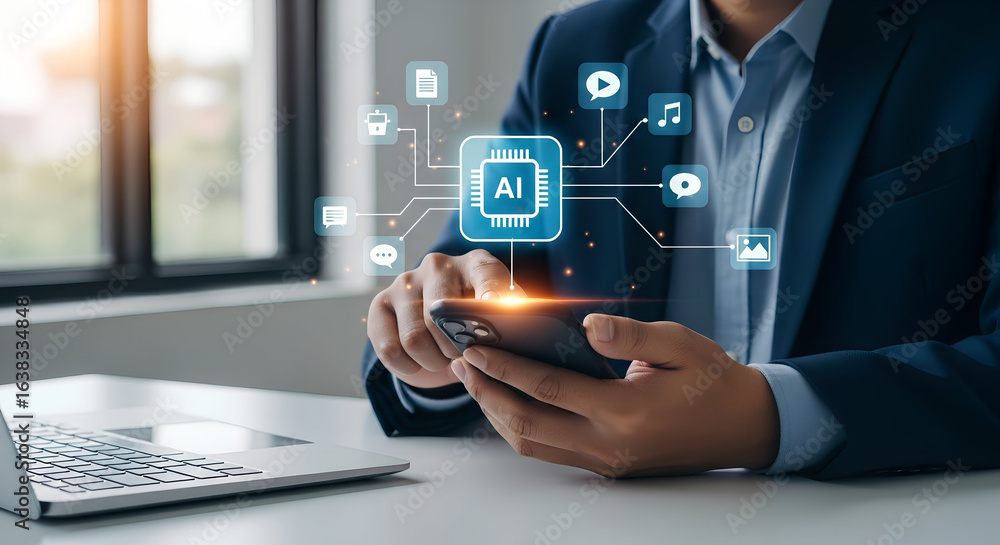 Aufkleber businessman using smartphone with artificial intelligence icons and data connections, sitting at des