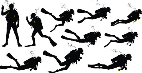 Scuba diver silhouettes, underwater exploration, marine life illustration, diving gear vector, ocean adventure graphic, aquatic sport, swimming pose, clipart