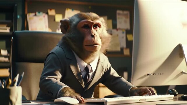 Focused chimpanzee in suit diligently working on computer, symbolizing business progress and modern office life with dedication.