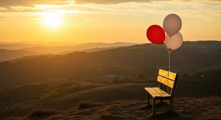 A bench sits on a hill at sunset tied to three balloons Mountain range background