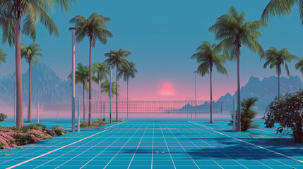 Surreal vaporwave volleyball court with palm trees and grid lines, retro-futuristic aesthetic