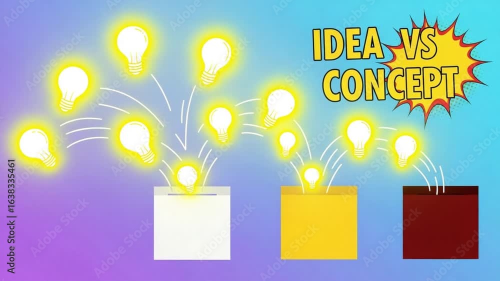 Poster idea vs concept illustration showing lightbulbs and colored boxes on a gradient background