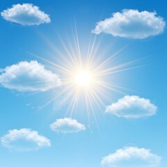 Radiant sunburst in a vibrant blue sky with fluffy white clouds. A beautiful summer day background concept with sunshine and lens flare.
