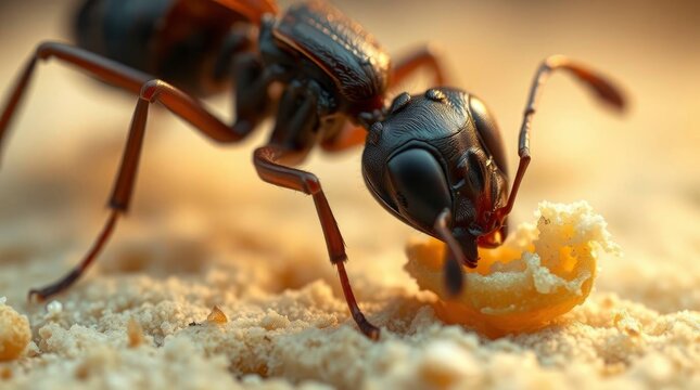 A closeup view of a black ant eating a yellow snack against a grainy beige background