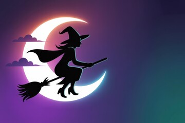 Fototapeta premium Modern Minimalist Vector Illustration Silhouette Witch Flying Broomstick Gradient Purple Blue Background - Spooky Halloween Art Marketing, Party Decor, Fantasy Promotions