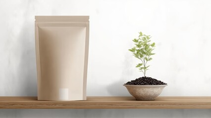 Kraft paper and transparent packaging mockup with plant for eco-friendly product displays and sustainable design