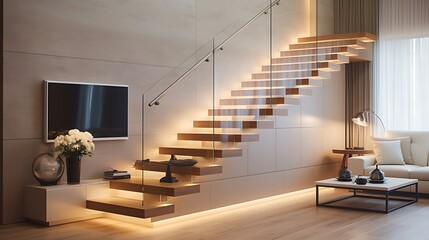 Minimalist staircase with cantilevered wooden steps, frameless glass railings, linear LED wall lights, and a modern lounge area below, full frame,