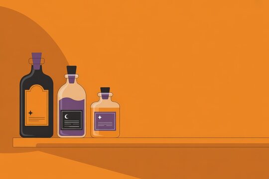 Modern Minimalist Vector Illustration Three Spooky Glass Bottles Vibrant Orange Background - Halloween Marketing, Autumn Decor, Creative Party Invitations